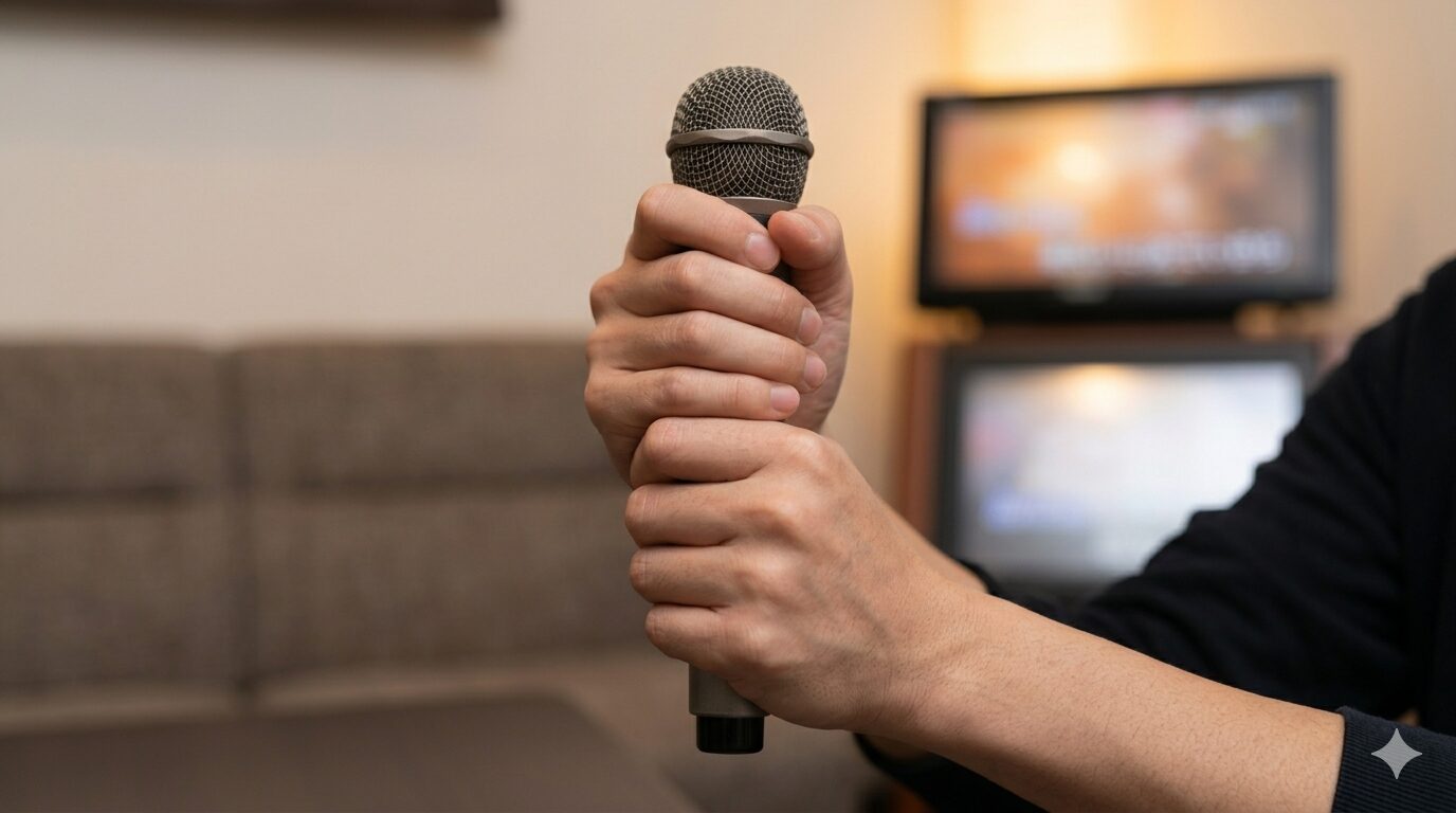 マイクを両手で持ち小指に力を入れる震え対策の握り方