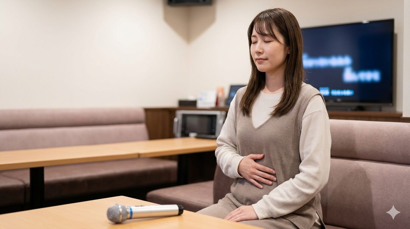 歌う前に腹式呼吸で緊張をほぐす女性