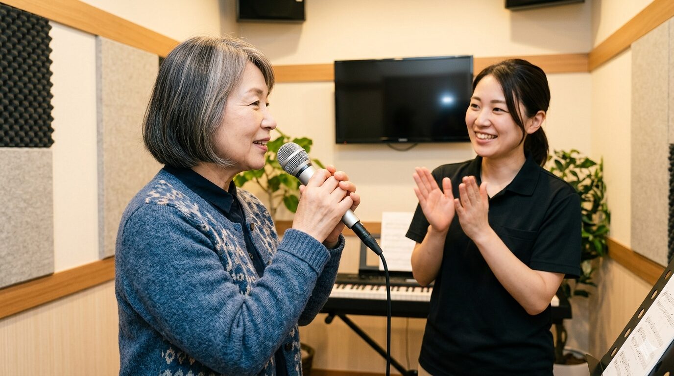 シニア向けカラオケ教室を3つの基準で比較検討する60代女性の様子