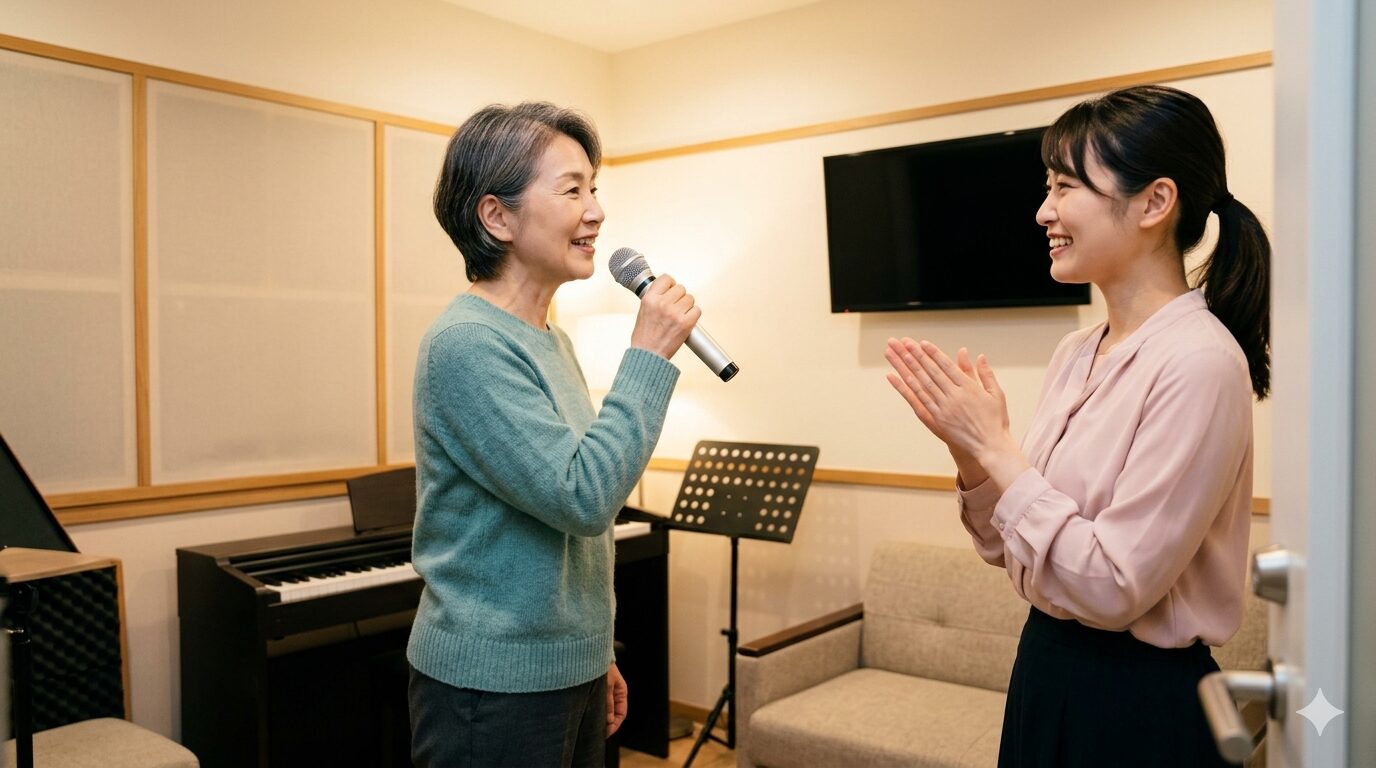 カラオケ教室とボイトレ教室の違いを説明されて納得する60代女性の様子