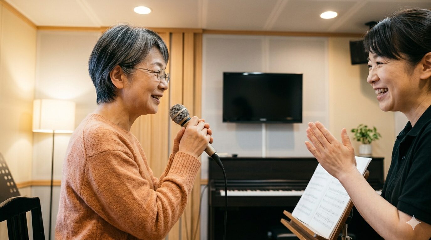 体験レッスンで講師の対応を確認する60代シニア女性の様子