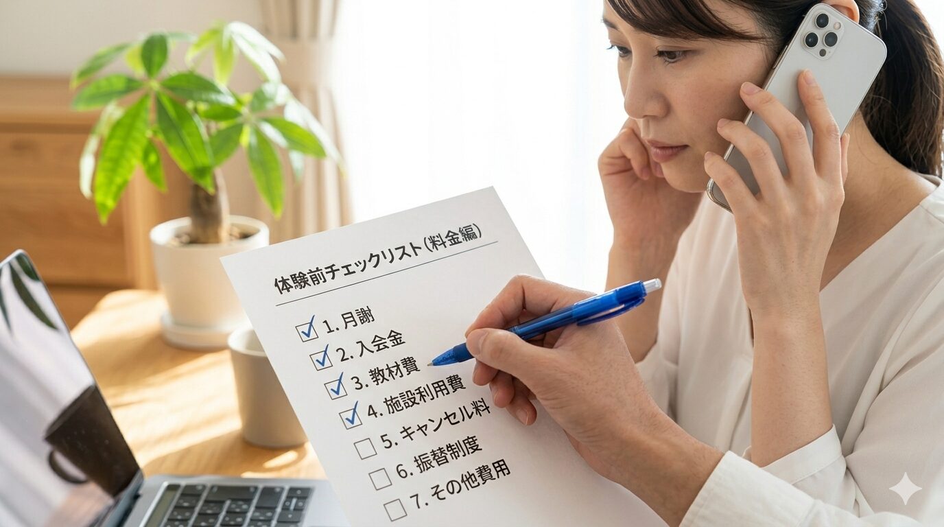 グループ・マンツーマン・オンラインの料金相場を比較する女性