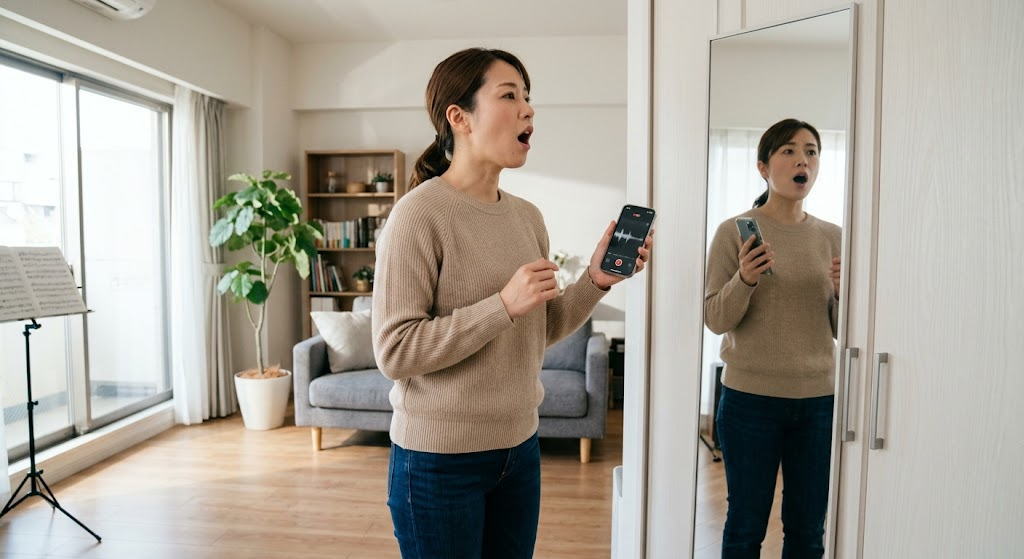 自宅で録音しながら発声練習に取り組む女性の実践シーン
