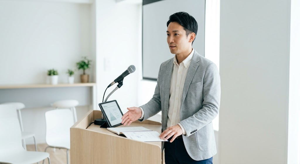練習の見直しポイントを穏やかに解説する講師風の男性