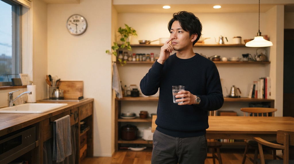 キッチン脇でハミング練習をする男性の姿