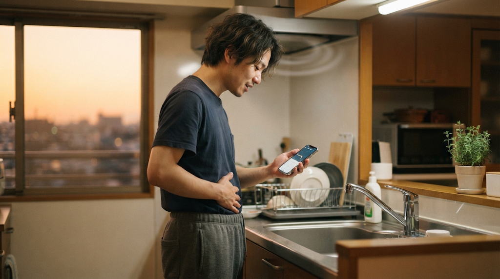 夕方のキッチンでハミングを練習する男性の横顔と生活音の情景