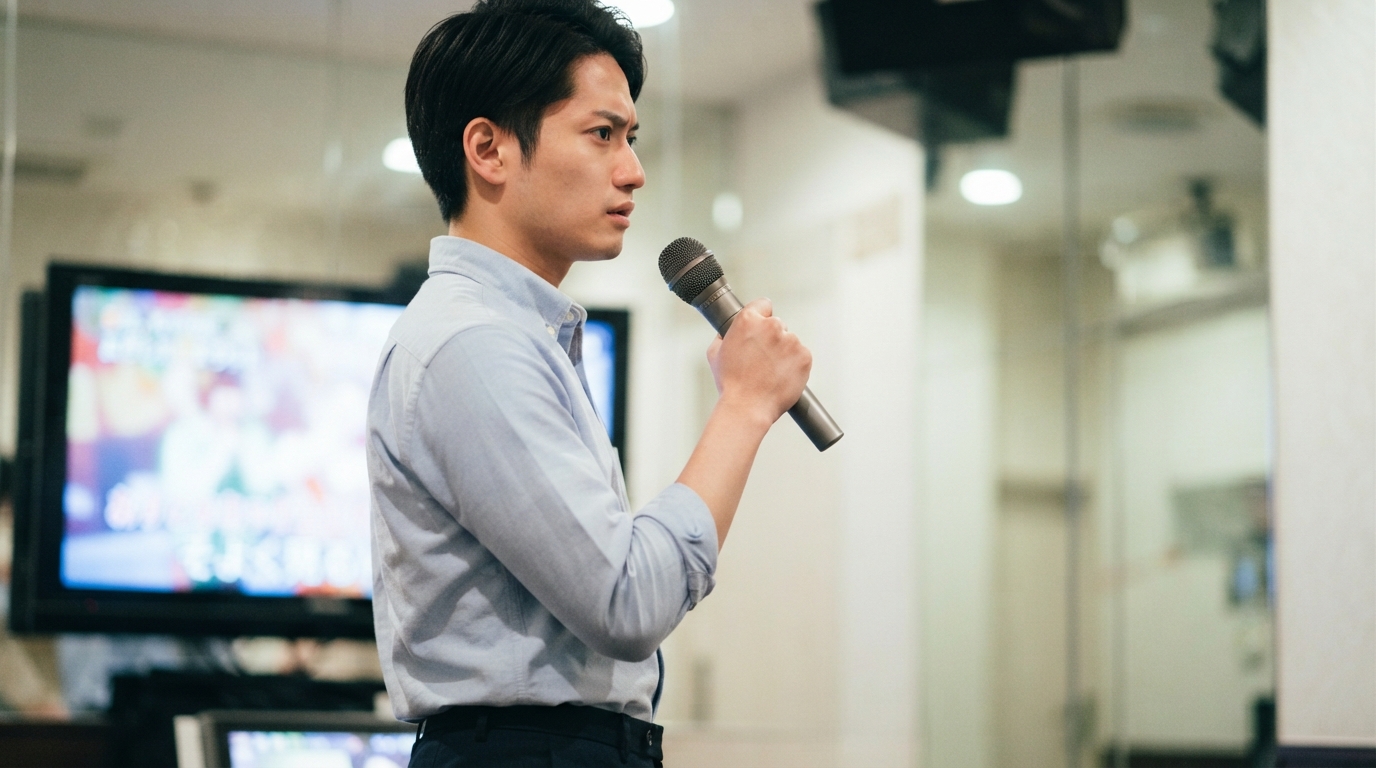 切な頻度でマイク距離を意識して発声する男性の姿