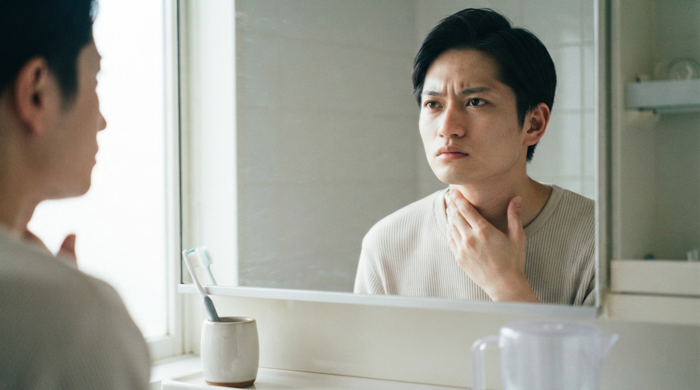 鏡の前で喉に手を当て発声の見直しを考える男性