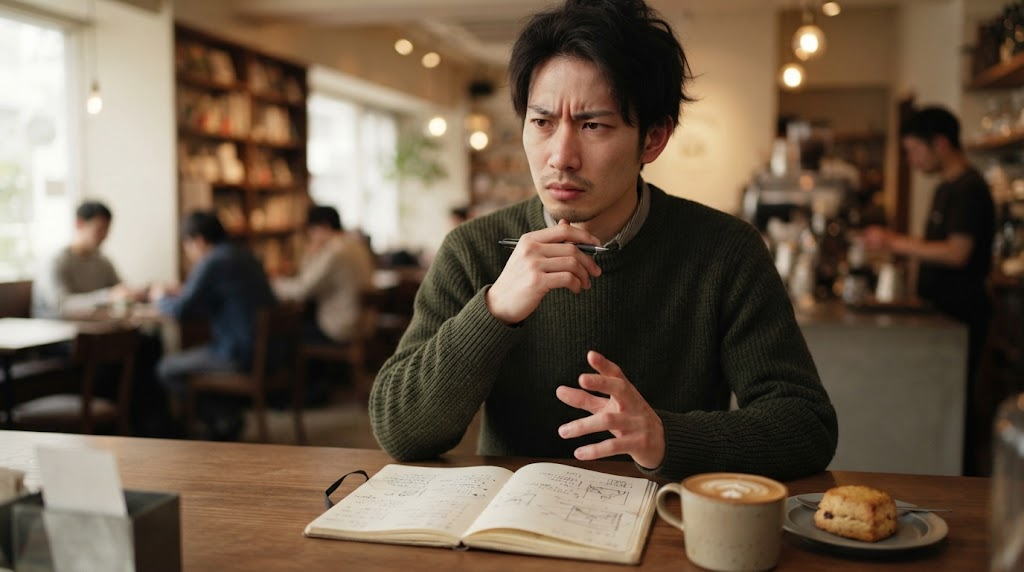 繰り返す声枯れの原因を静かに考え直す男性の姿