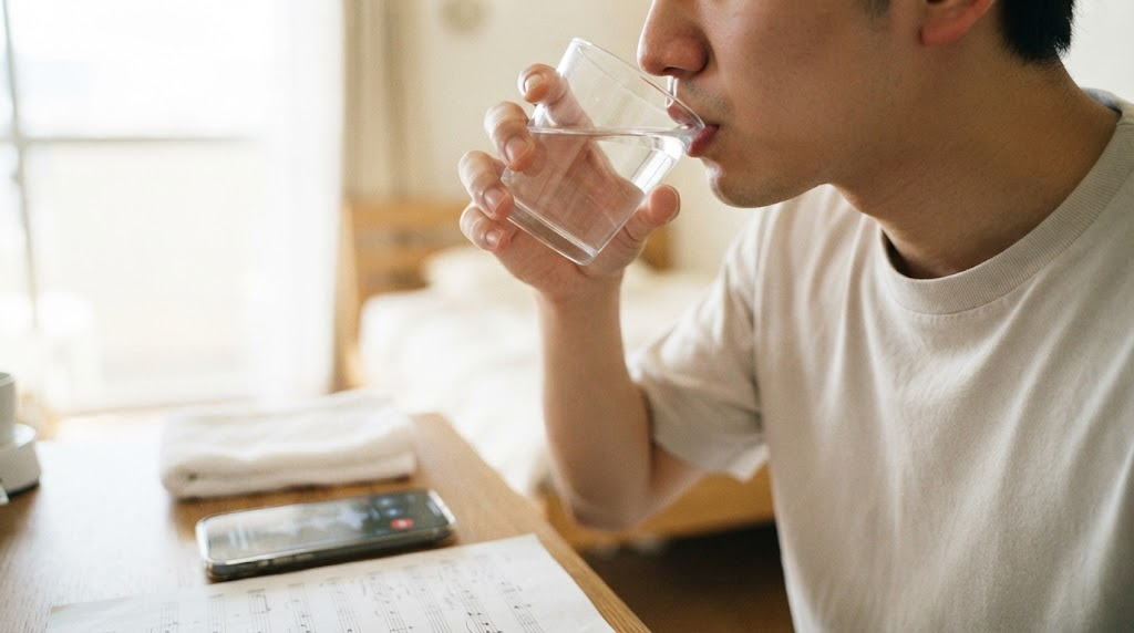 練習中に水分補給で休憩を取る男性の手元