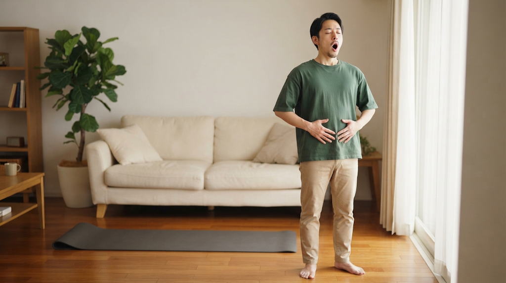 リビングで脱力して発声練習に取り組む男性の様子