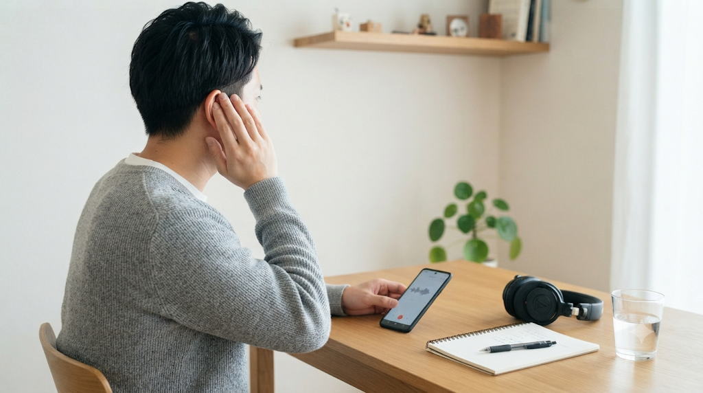 自室で録音しながら片耳を塞いで歌い方を確認する練習シーン