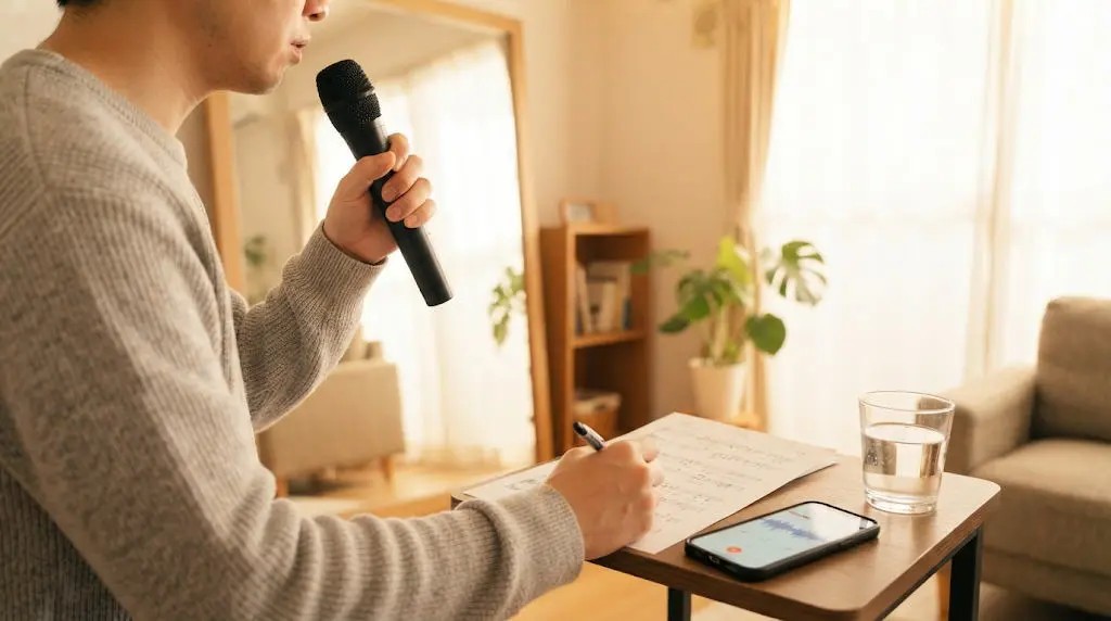 早朝の自宅で歌詞に強弱を書き込みマイク練習をする男性の手元