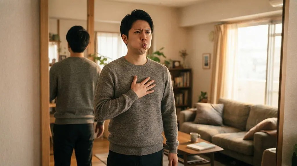 早朝のリビングで脱力しながらリップロールに取り組む男性の姿