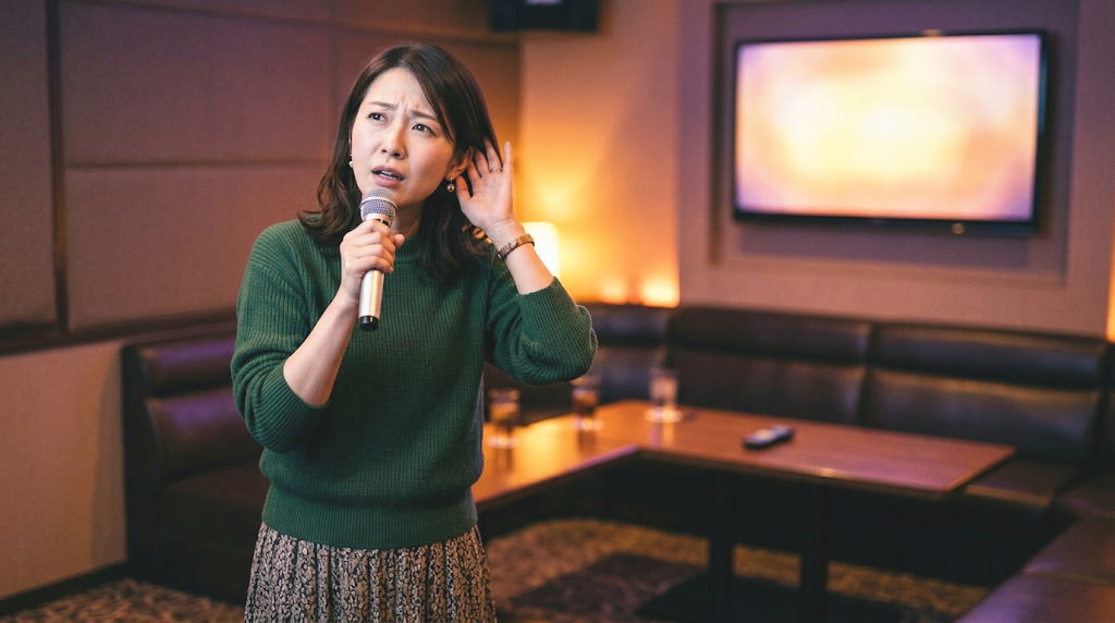 カラオケで音程がずれて首をかしげる女性の様子