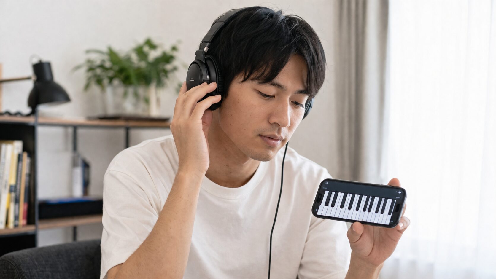 スマホのピアノアプリで聴音力を鍛える方法を実践する男性