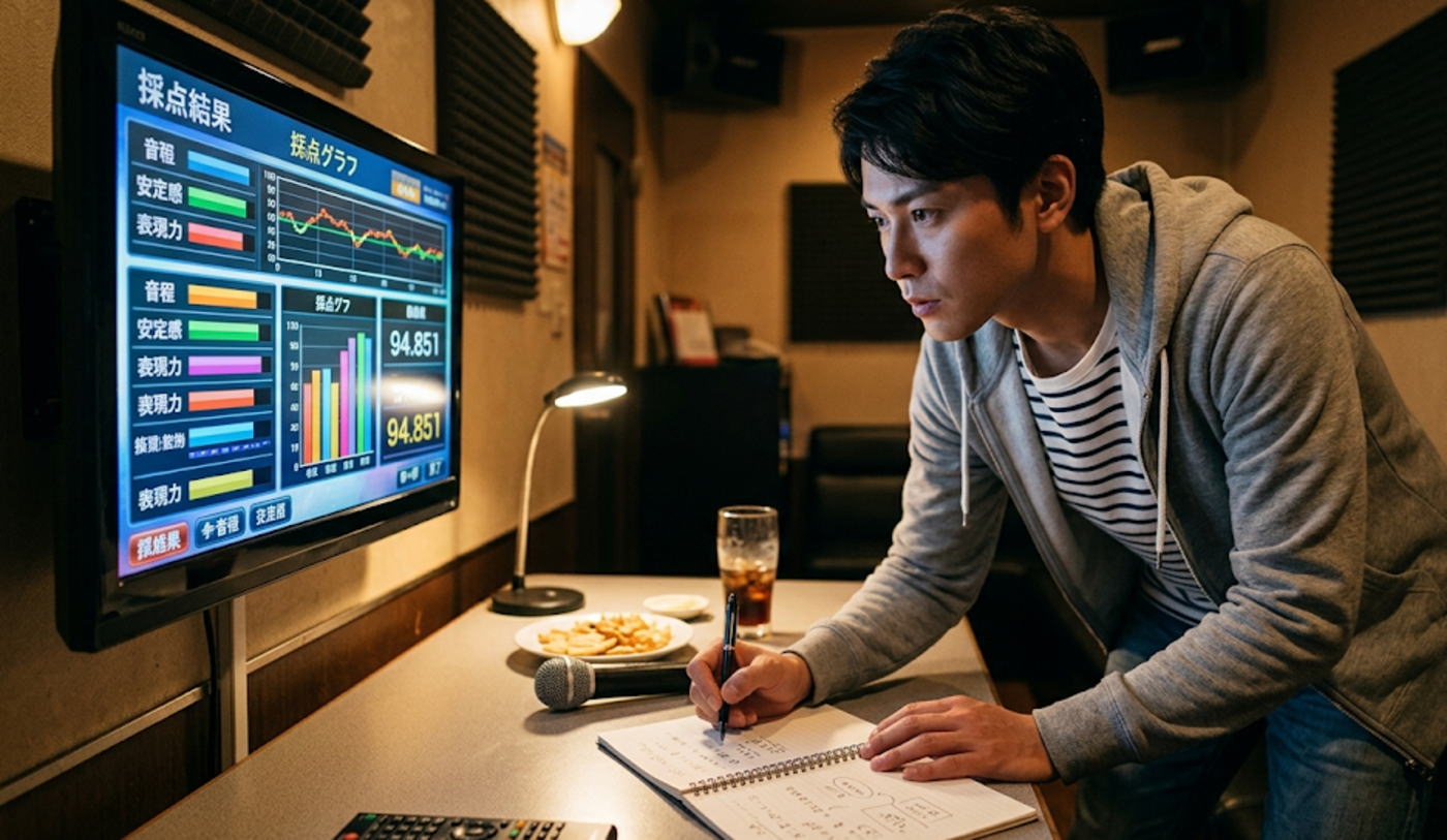 採点グラフを見て音域結果をメモする男性会社員