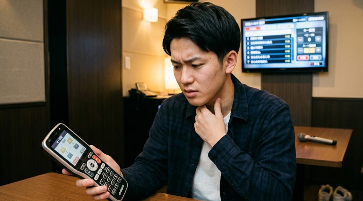 リモコンを手にキー設定を慎重に考える男性