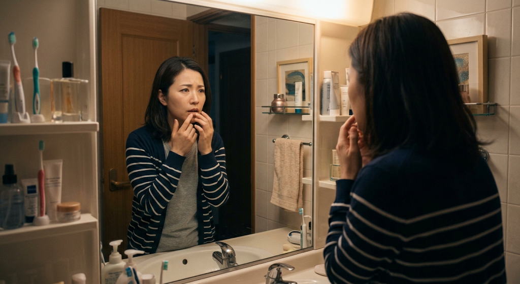 30分 歌 上手くなる練習で悩む女性が鏡の前で立ち止まる様子