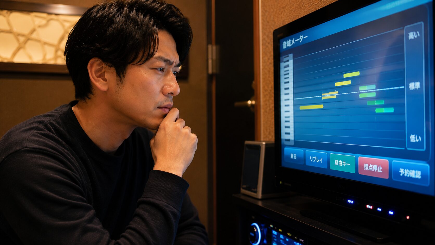 カラオケ画面の音域表示を見ながら選曲条件を吟味する男性のアップ