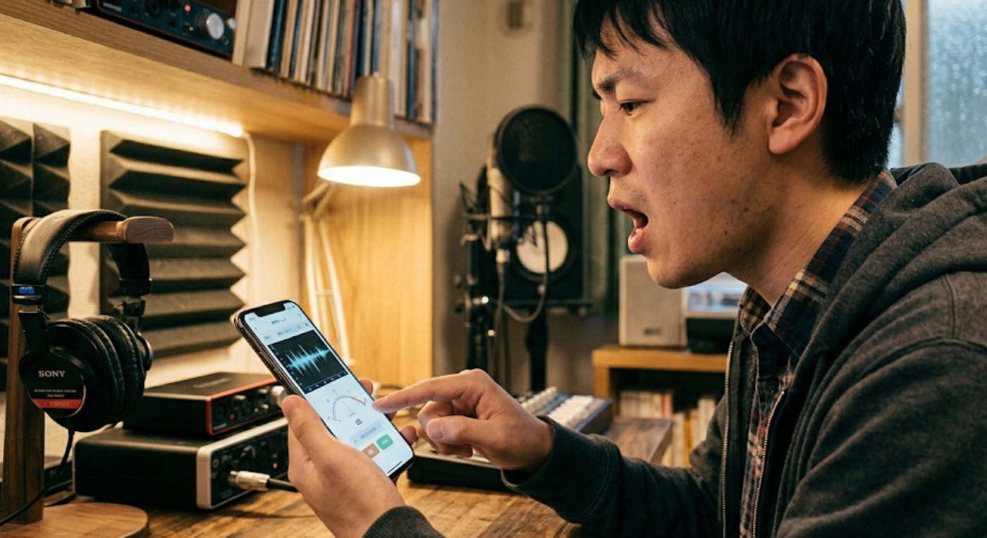 音域測定アプリで発声テストをする男性の様子