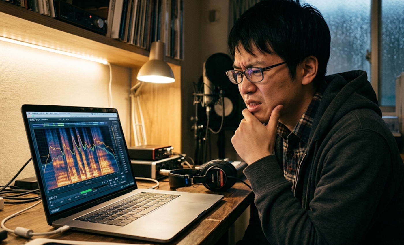 PCで音域測定する20代男性会社員が画面のグラフを確認するシーン