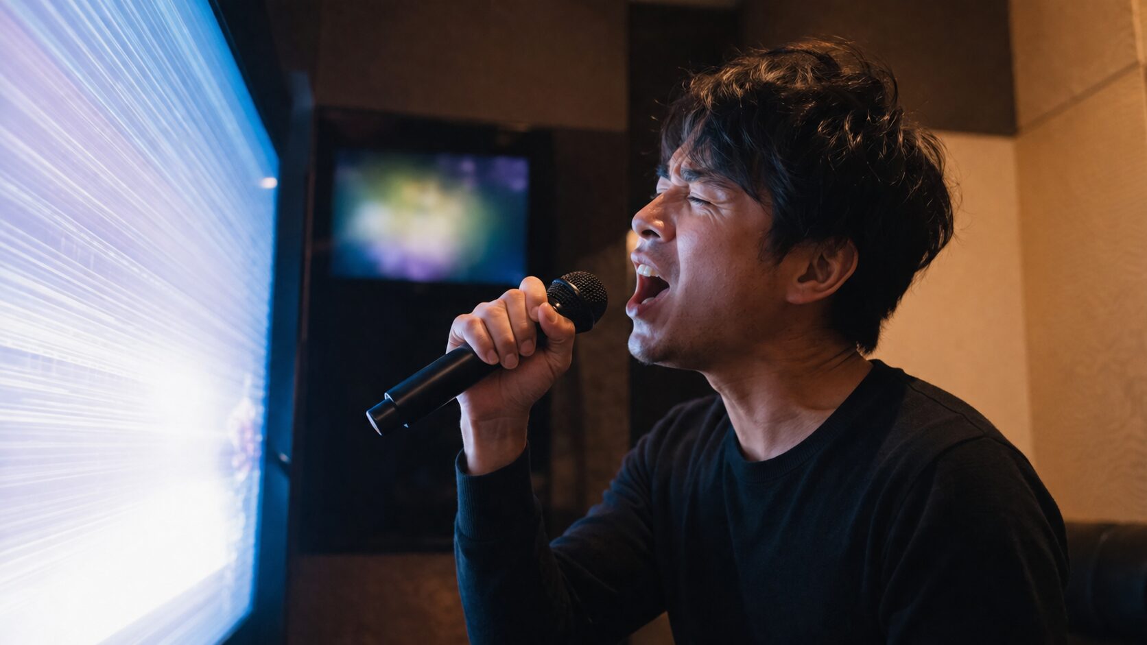 mid2gの出し方に挑む男性がカラオケで発声する瞬間