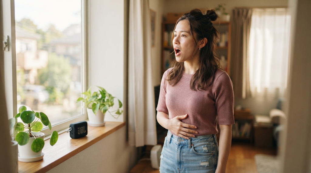 音域を広げるために自宅の窓辺で発声練習をする女性の様子