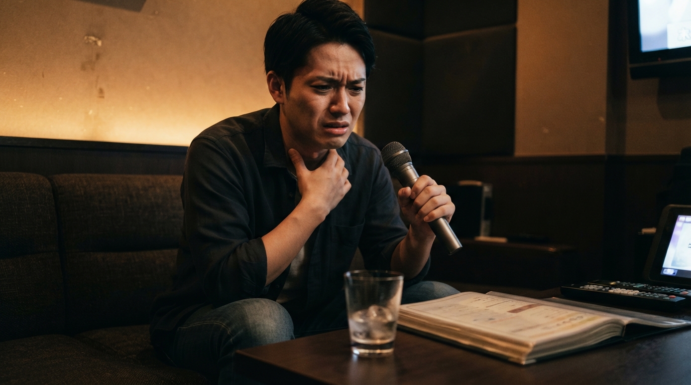 毎日カラオケで喉が壊れる不安を抱える若い男性の様子