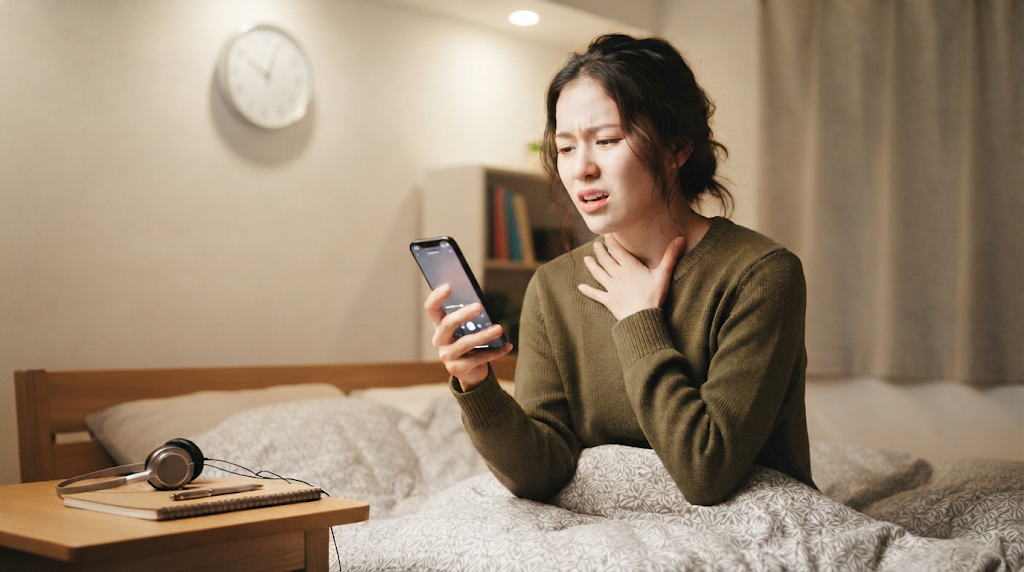 高音の出し方をすぐ知りたい女性が自室で悩んでいる様子