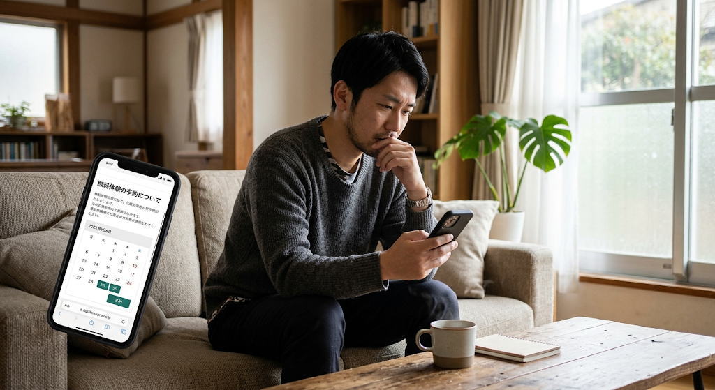ボイトレ無料体験だけの利用を迷いスマホを見る男性